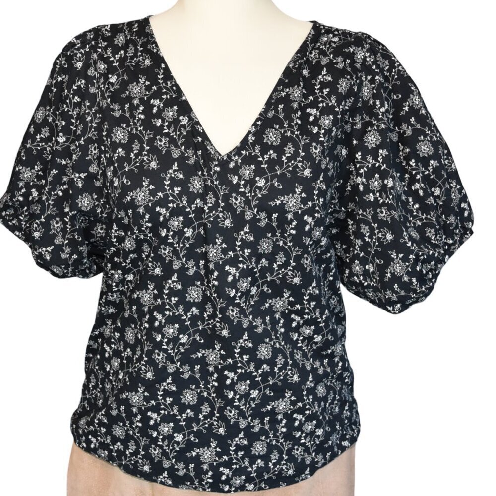Madewell Whimsy Floral Top Black White V Neck 100% Cotton  Size Small